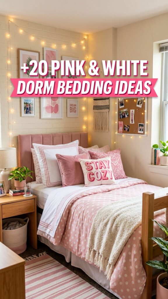 1. 20 Aesthetic Pink and White Dorm Bedding Ideas for Girls