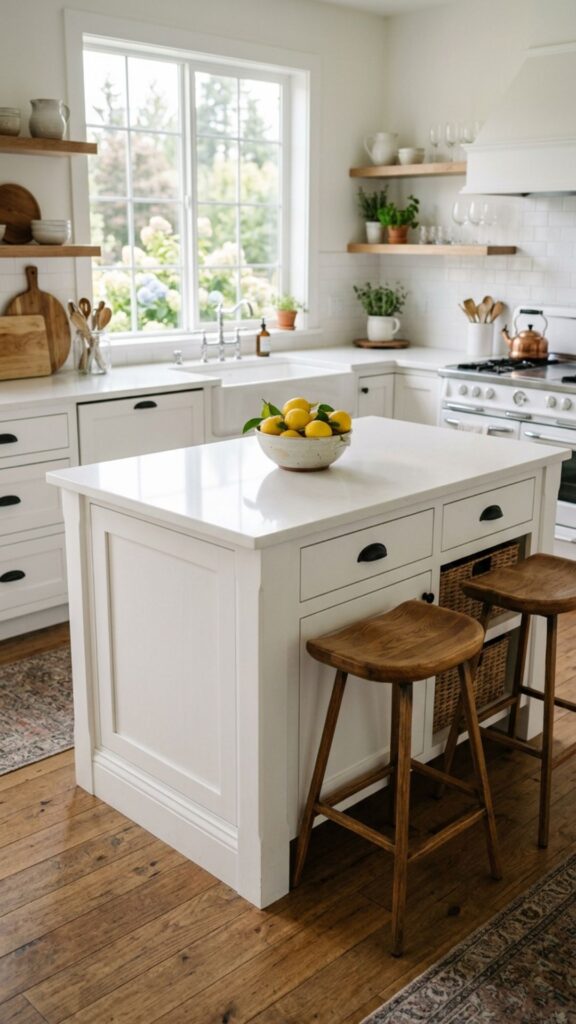 1. Classic White Island With Wooden Bar Stools
