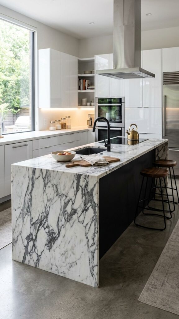 1. Go Bold with a Marble Waterfall Countertop