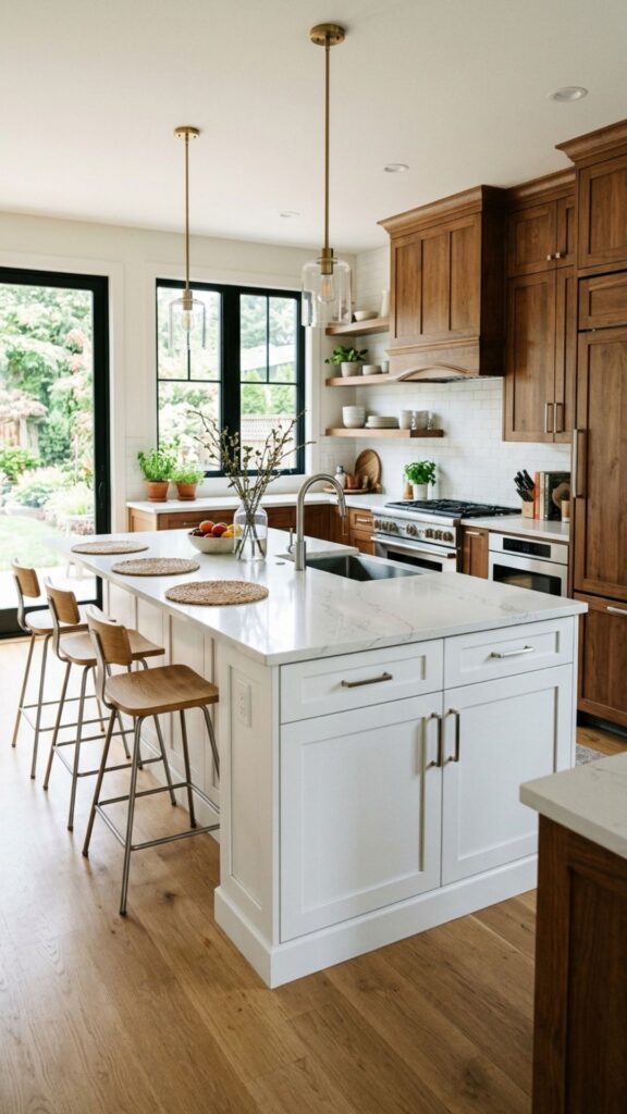 1. Pair Brown Cabinets With a Crisp White Island
