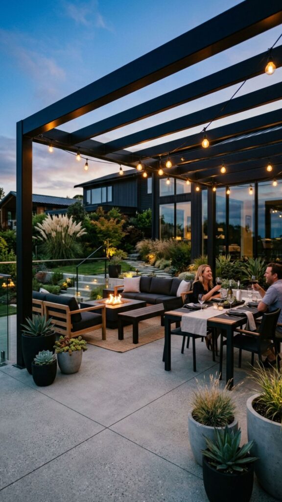 1. Sleek Black Steel Pergola