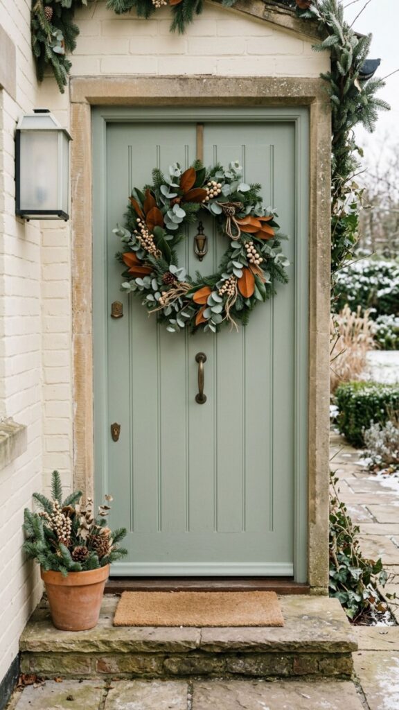 1. Swap Holiday Wreaths for Neutral Winter Greenery