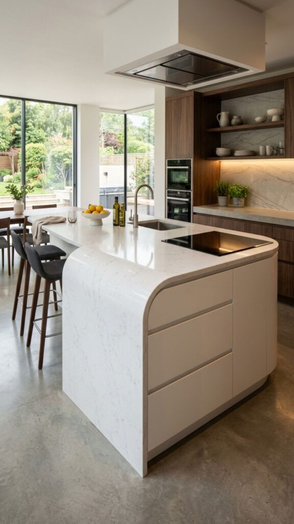 1. Waterfall Countertop With Hidden Drawers
