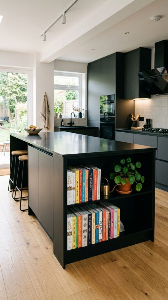 10. Black Island With Open Shelving