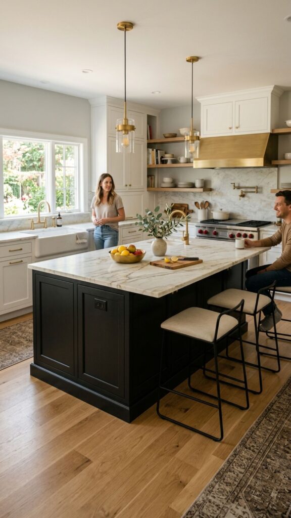 10. Black Island with Contrasting White Countertop