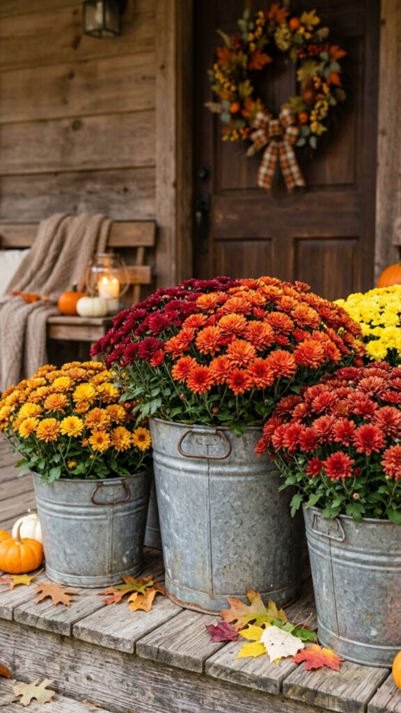 10. Display Mums in Galvanized Buckets