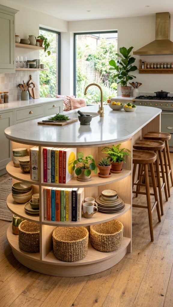 10. Install a Curved Island With Open Shelving