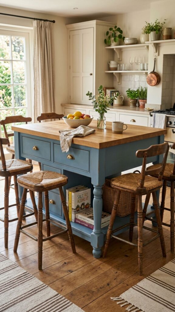 10. Painted Island With Vintage-Inspired Stools