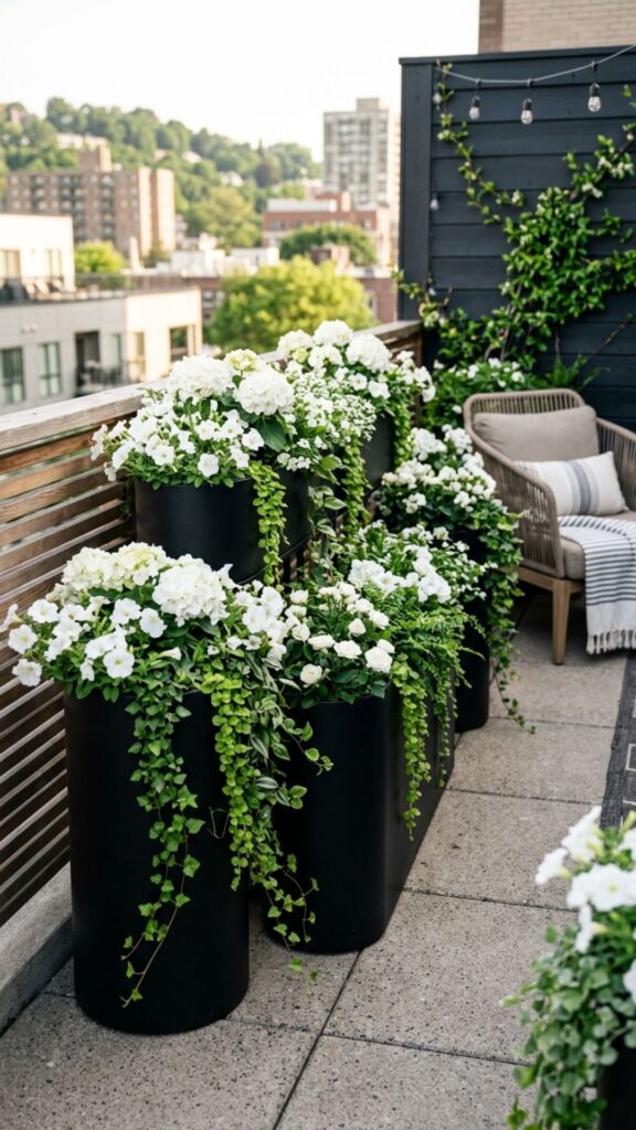10. Set Out Black Planters with White Blooms