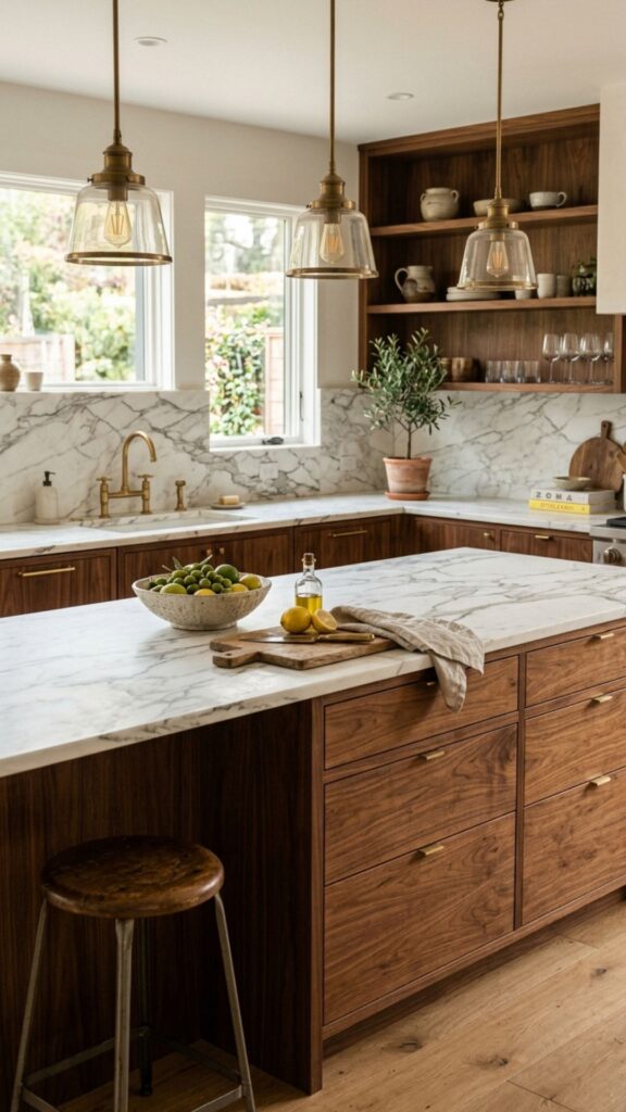 10. Veined Marble Paired With Warm Wood
