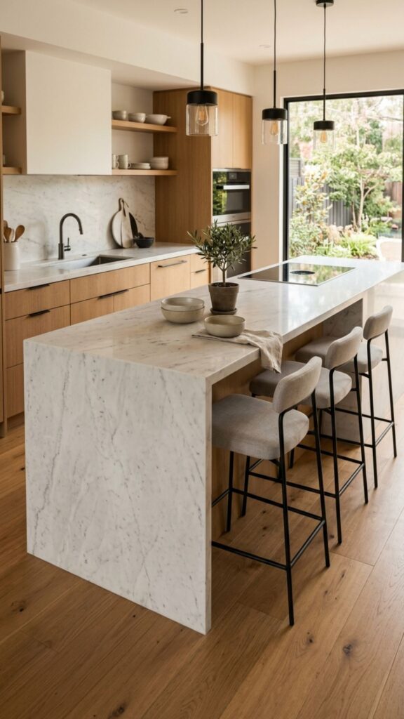 10. Waterfall Seating With Bar Stools
