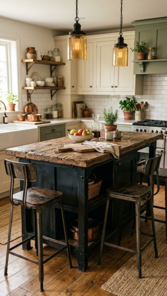 11. Rustic Black Island with Reclaimed Wood Top