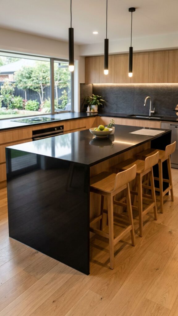 12. Black Counter With Waterfall and Bar Seating