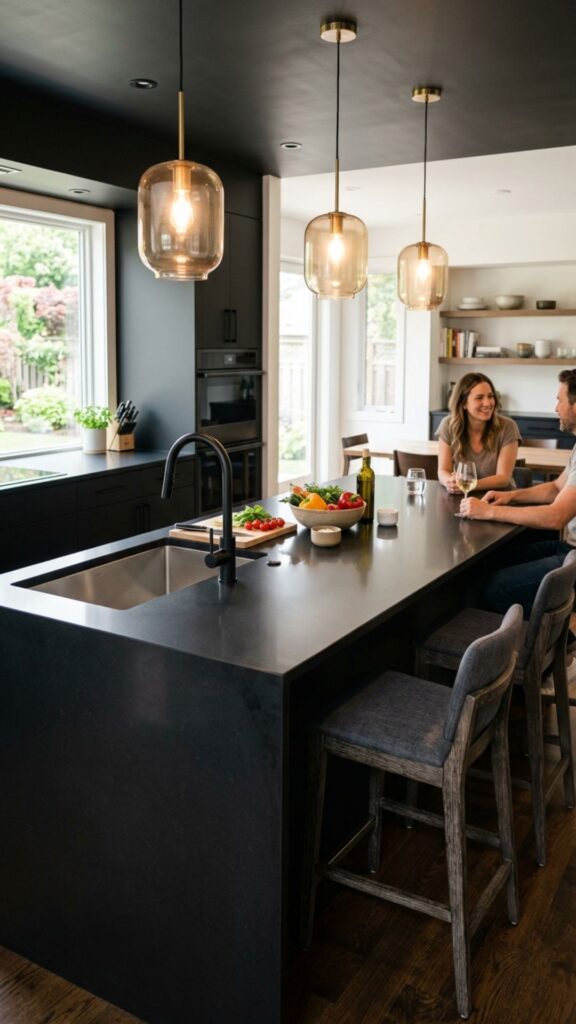 12. Black Island with Built-In Sink and Seating