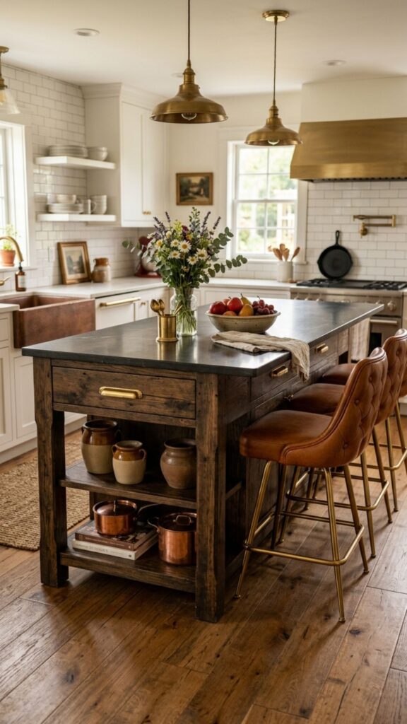 12. Farmhouse Island With Leather Bar Stools