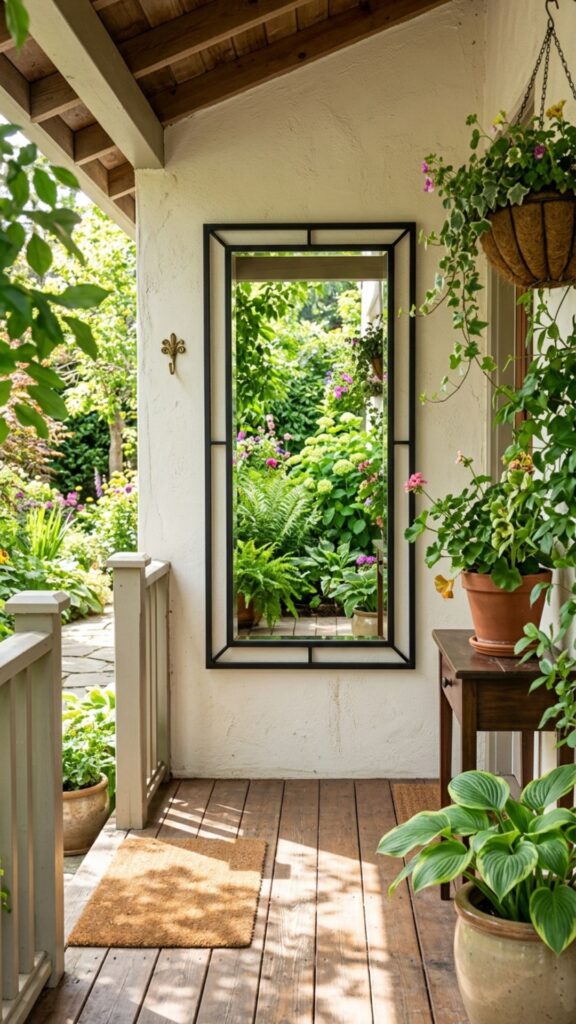 12. Hang a Black-Framed Porch Mirror