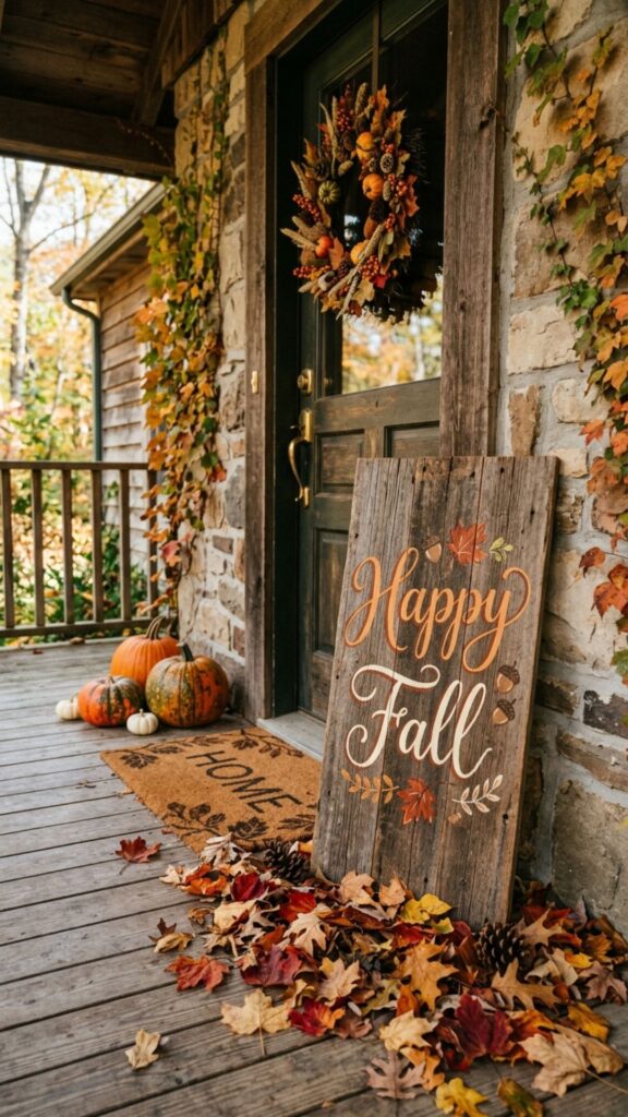 12. Set Out a Wooden Sign with a Fall Greeting