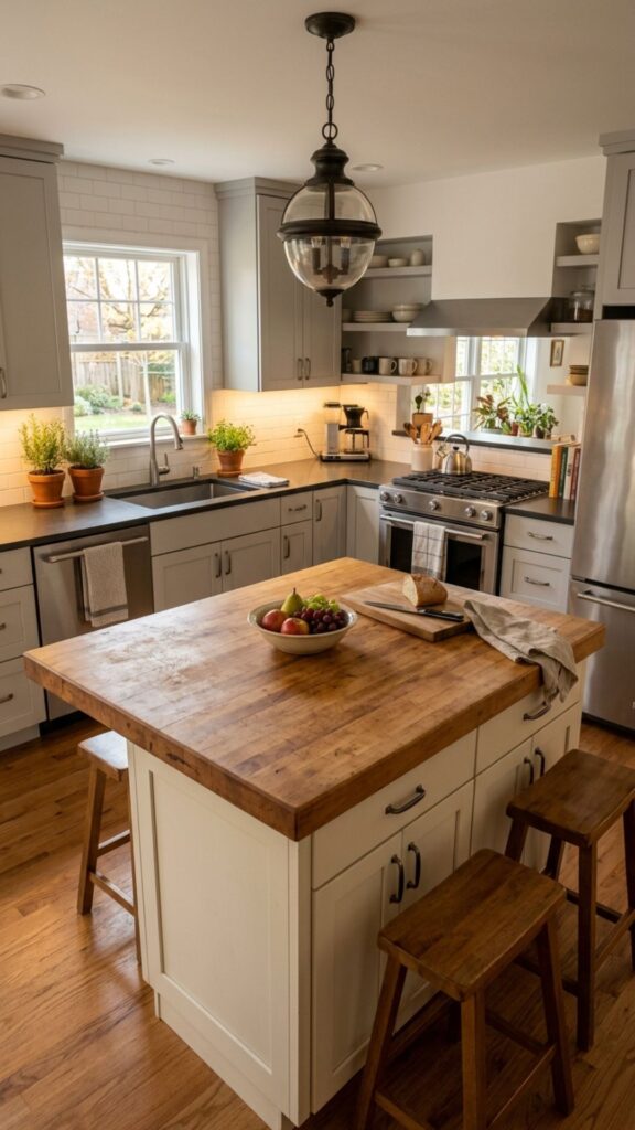 12. Use a Butcher-Block Island for Warmth and Function