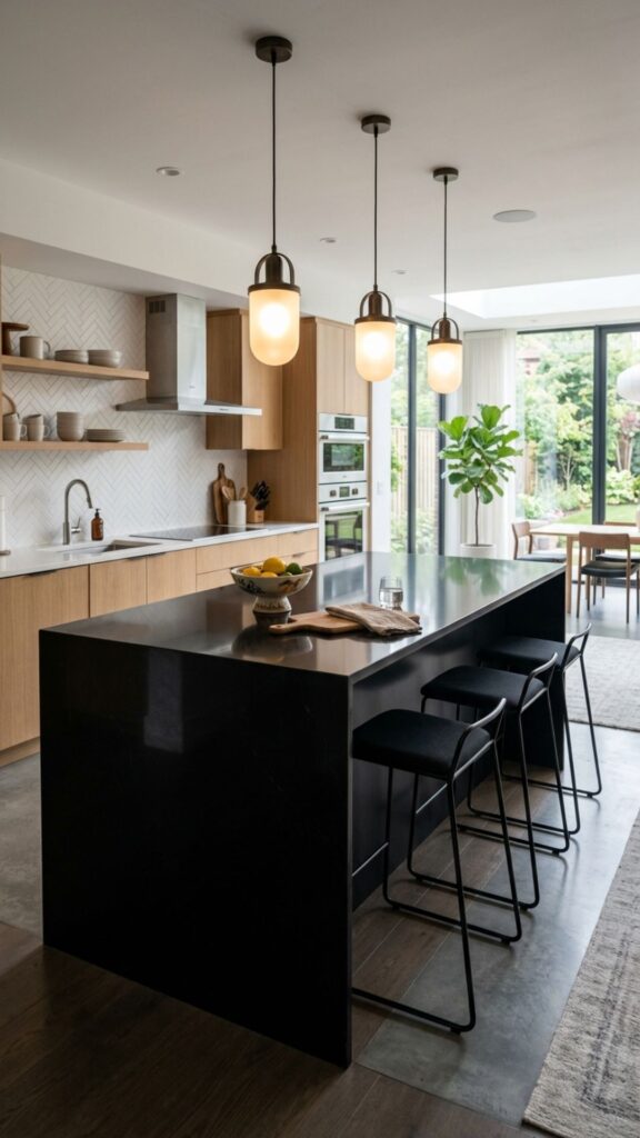 13. Modern Black Island with Waterfall and Pendant Lighting