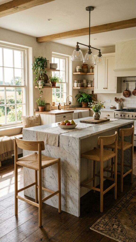13. Waterfall Island With Sleek Modern Stools