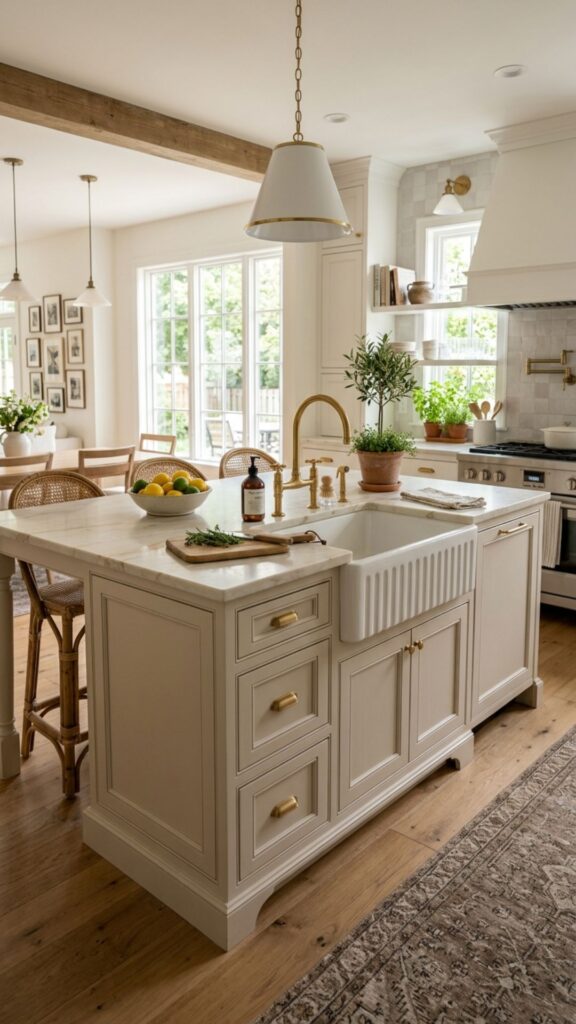 14. Beige Island with a Farmhouse Sink