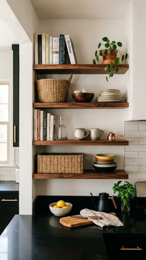 14. Black Counter Paired With Open Shelving