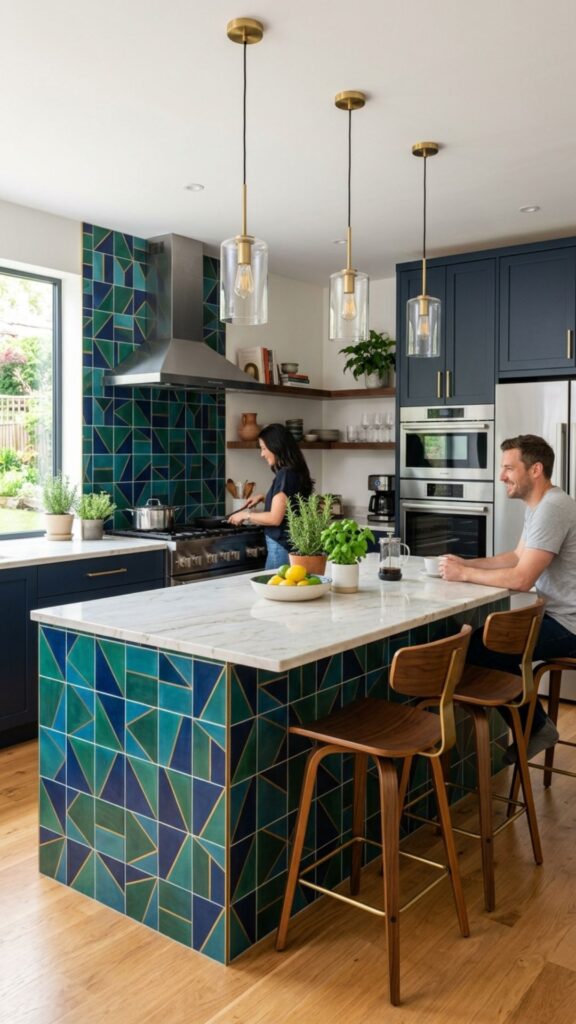 14. Choose Bold Backsplash-to-Island Pairings