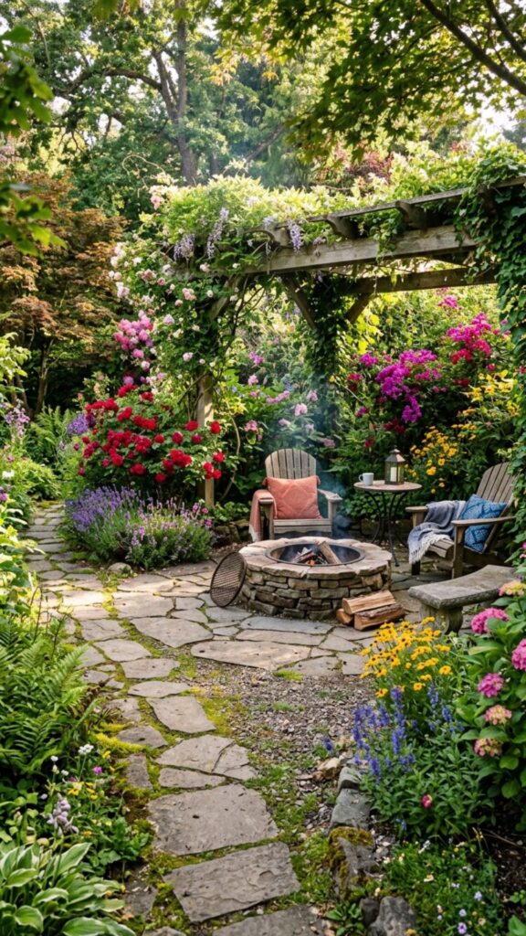 14. Garden-Surrounded Fire Pit Sanctuary