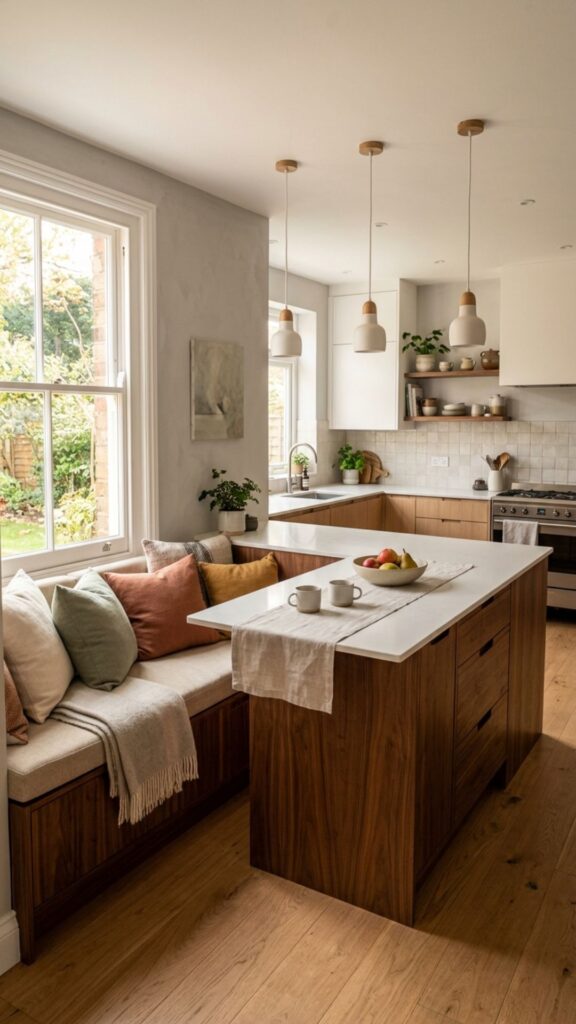 14. Island With Integrated Seating Nook Against the Wall