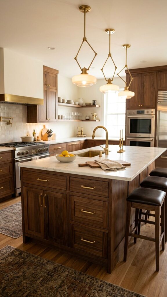 14. Warm Brown Island with Brass Accents