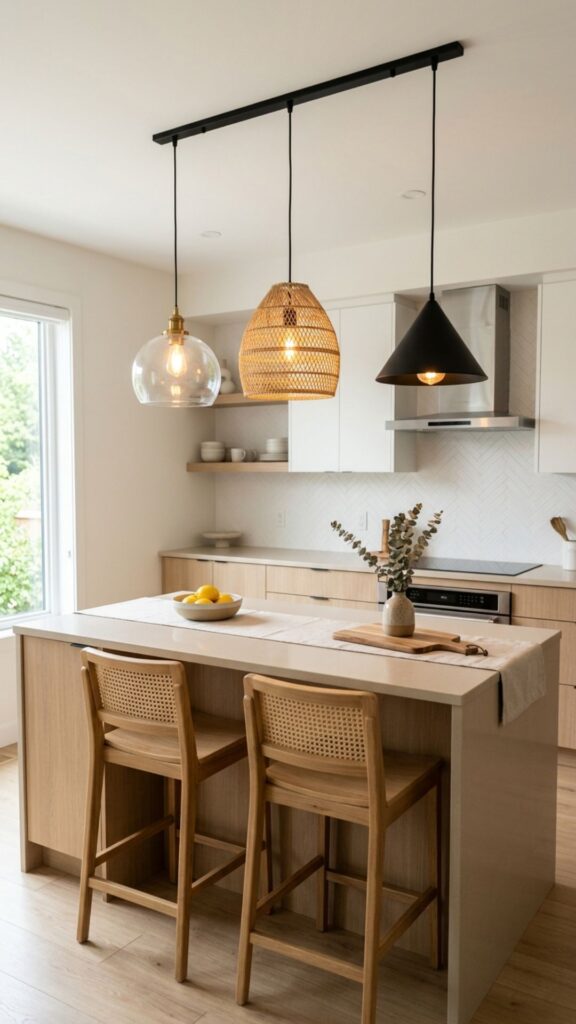 15. Beige Island with Statement Pendant Lighting
