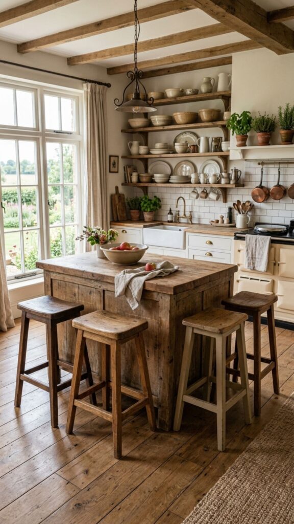 15. Farmhouse Island With Mismatched Stools