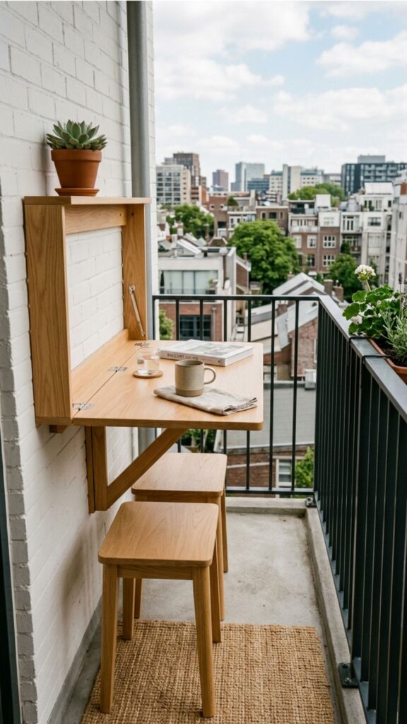 15. Fold-Down Wall Table with Stools