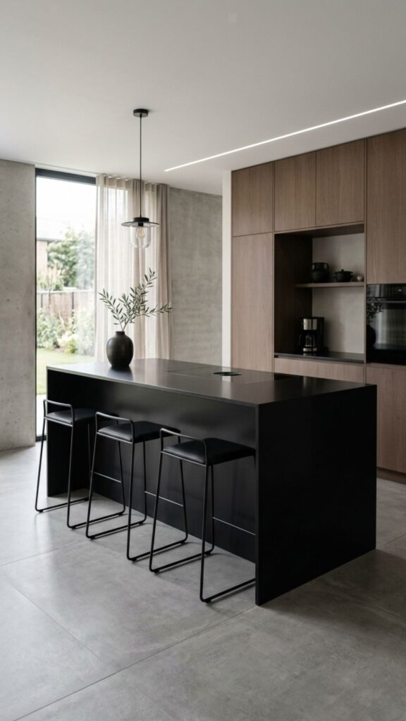 15. Minimalist Black Island With Bar Stools