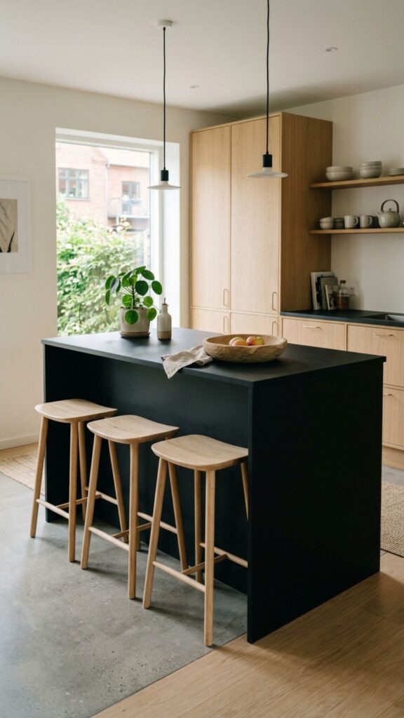 15. Scandinavian Black Island with Light Wood Stools