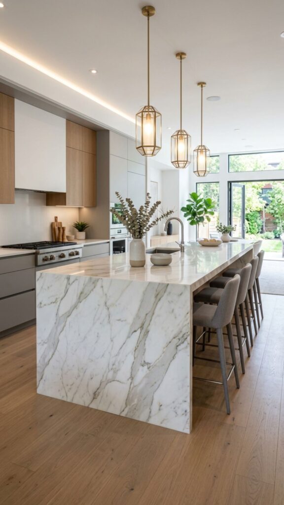 16. Add a Waterfall Countertop for a Modern Edge