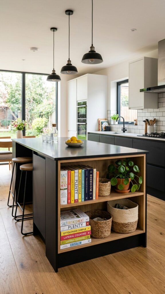 16. Black Island With Open Shelving