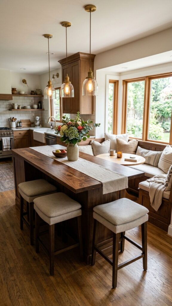 17. Brown Island with a Built-In Seating Nook