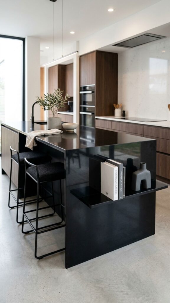 18. Black Island With Waterfall Bookend Shelving
