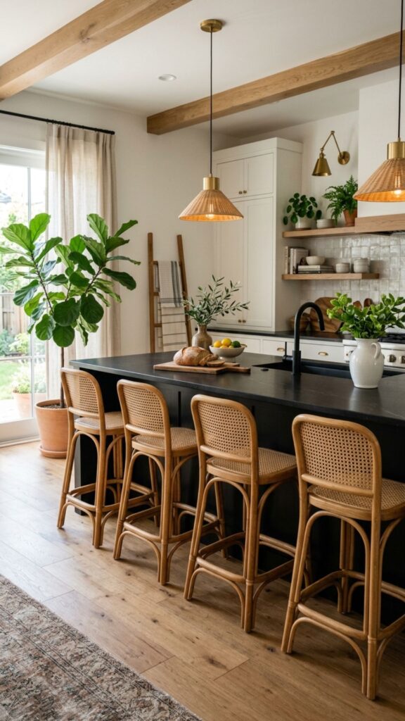 18. Black Island with Cane or Rattan Stools
