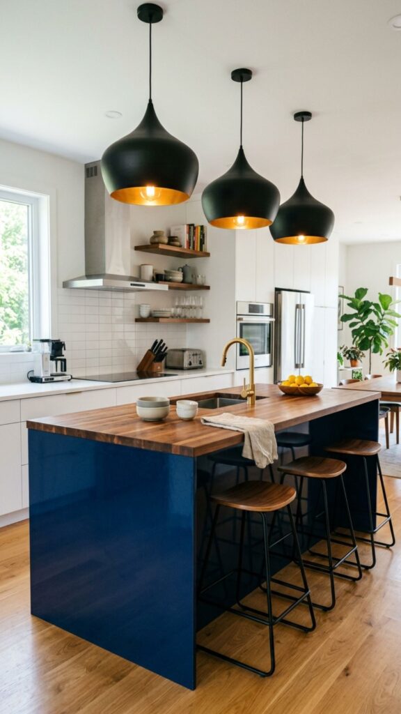 18. Blue Island With Statement Lighting