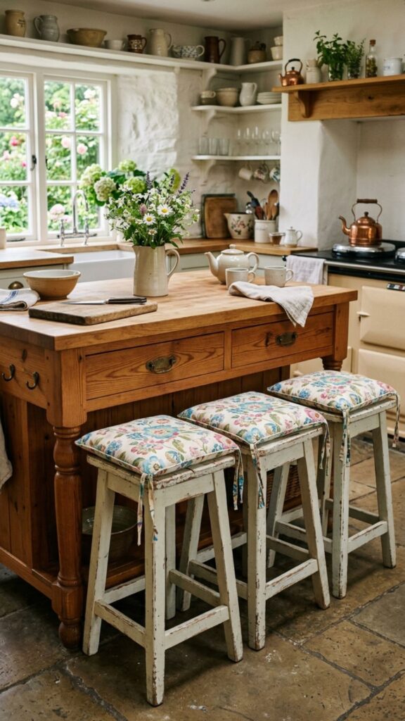 18. Cottage-Style Island With Painted Wood Stools