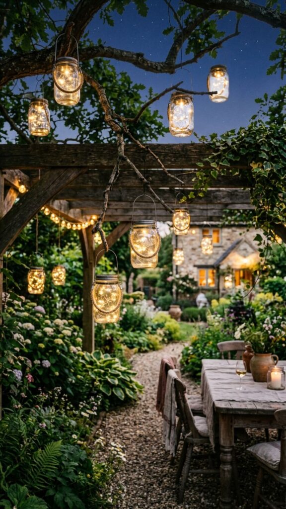 18. Hang Solar Mason Jar Lights for Rustic Flair