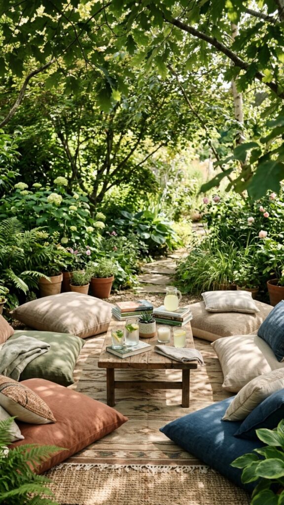 18. Use Floor Cushions in a Garden Nook