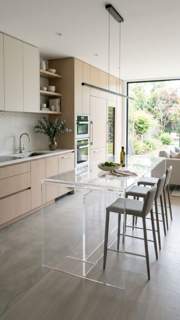 18. Use a Glass or Acrylic Island for an Airy Feel