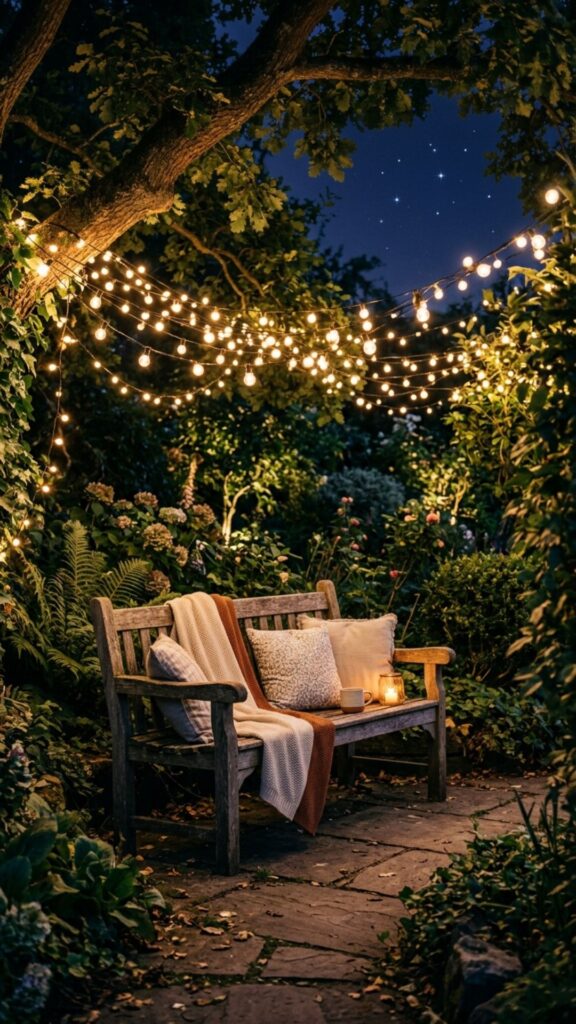 19. A Bench Bookended by String Lights