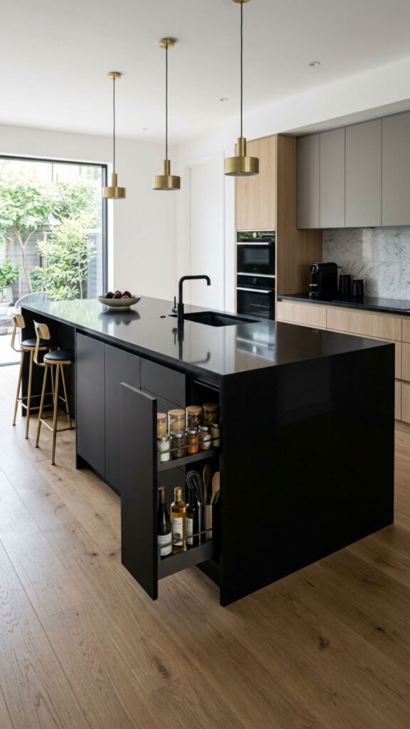 19. Black Counter With Waterfall and Hidden Storage