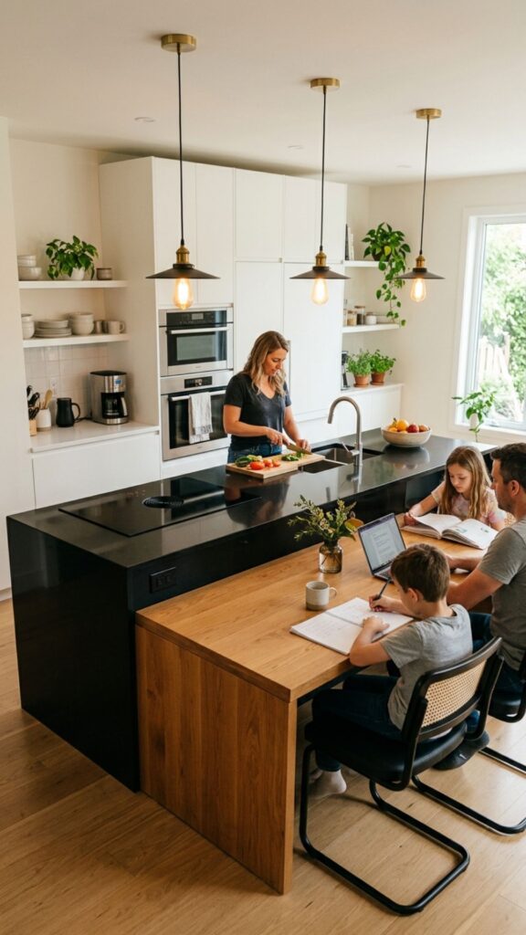 19. Black Island with Extended Dining Table