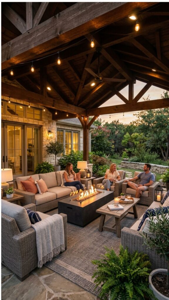 19. Covered Patio Fire Feature for All Seasons