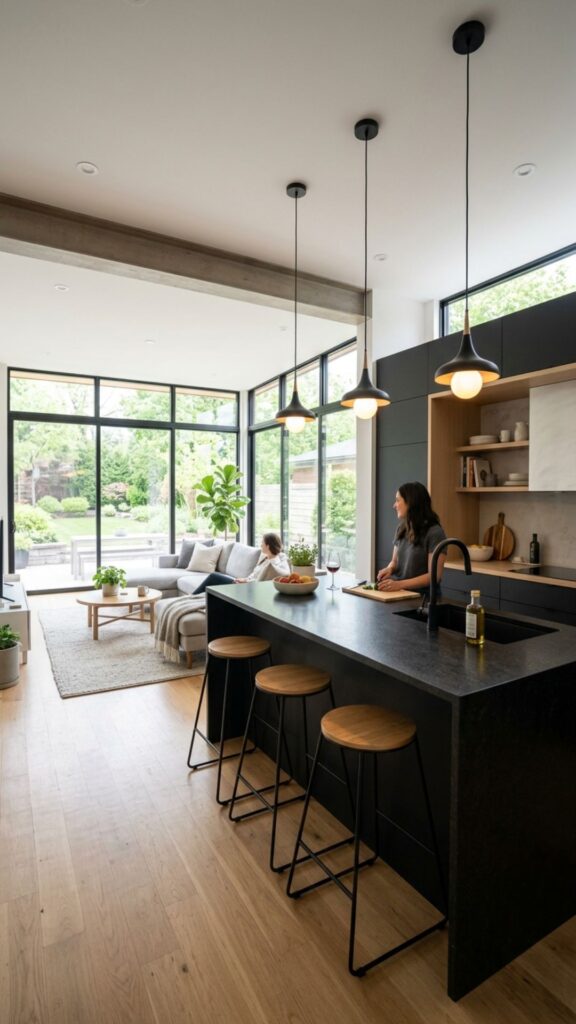 19. Large Black Island for Open-Plan Living